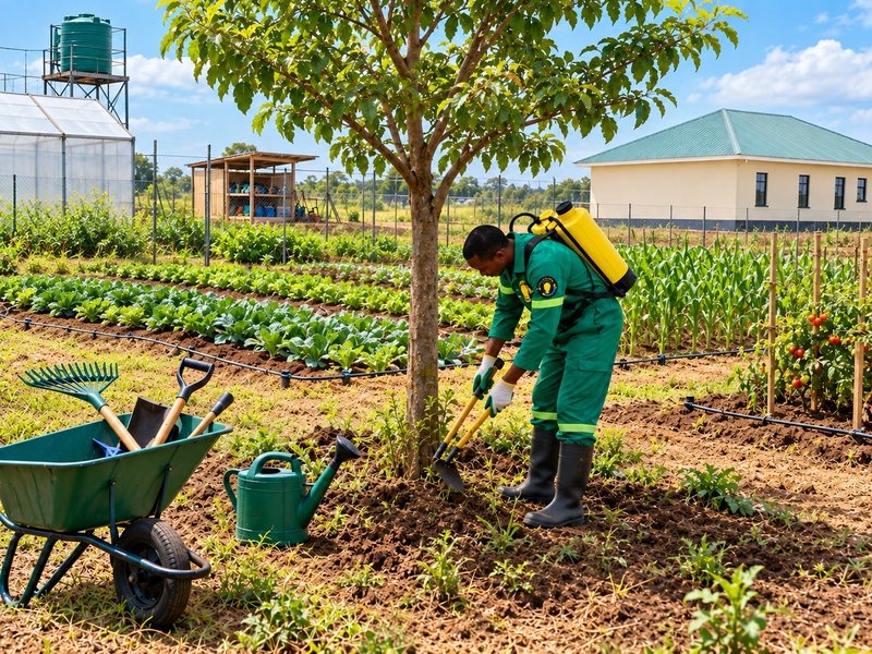 A student tending crops in the agribusiness farm